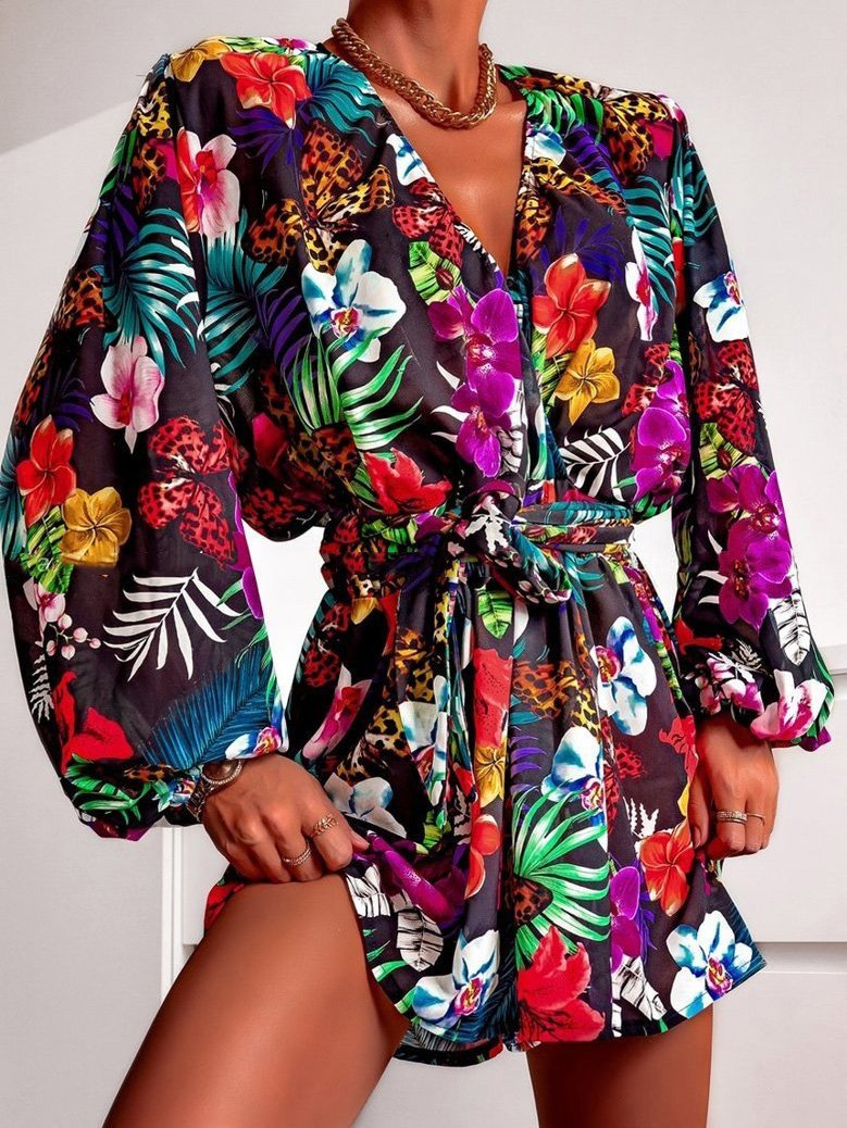 Women's Dresses V-Neck Printed Lantern Sleeve Long Sleeve Dress - Mini Dresses - INS | Online Fashion Free Shipping Clothing, Dresses, Tops, Shoes - 12/08/2021 - 20-30 - Category_Mini Dresses