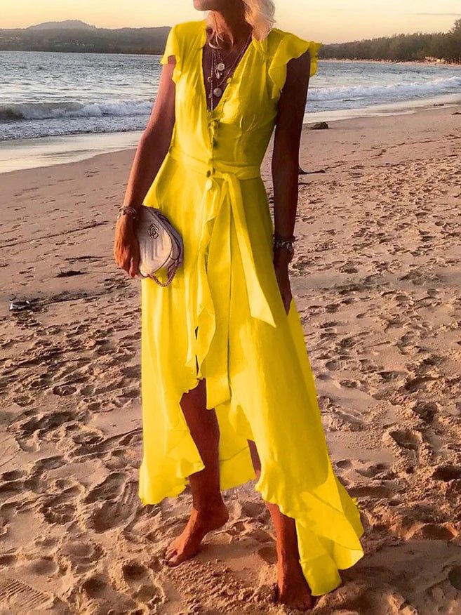 Women's Dresses V-Neck Ruffled Belted Irregular Dress - Maxi Dresses - Instastyled | Online Fashion Free Shipping Clothing, Dresses, Tops, Shoes - 25/02/2022 - 40-50 - color-orange