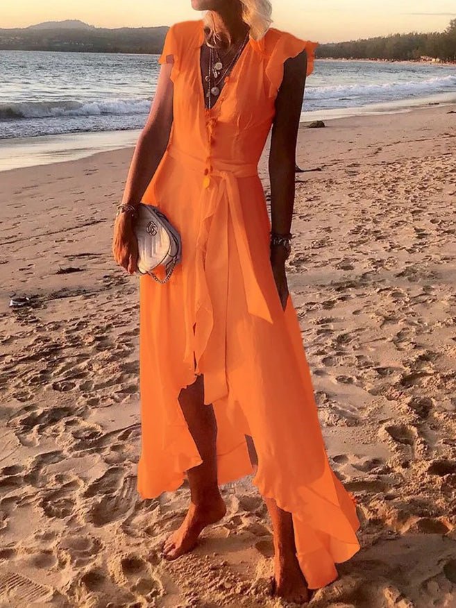 Women's Dresses V-Neck Ruffled Belted Irregular Dress - Maxi Dresses - Instastyled | Online Fashion Free Shipping Clothing, Dresses, Tops, Shoes - 25/02/2022 - 40-50 - color-orange