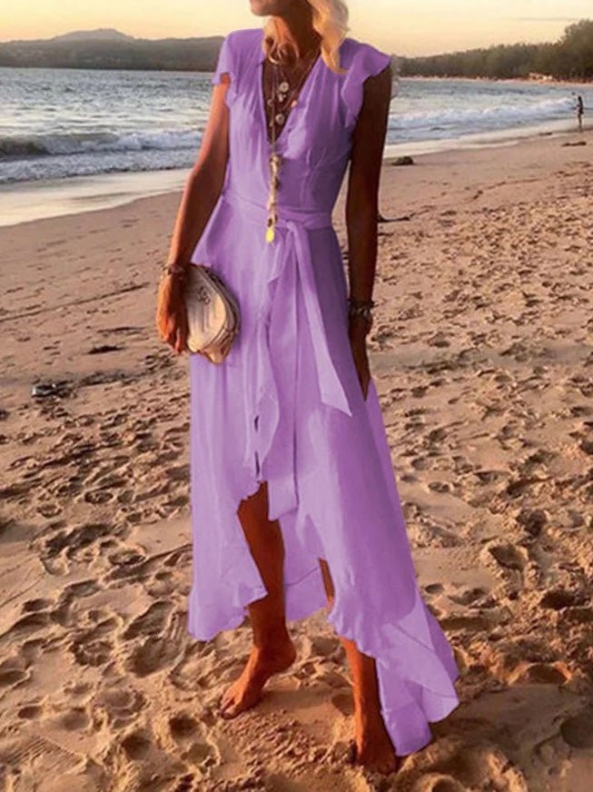 Women's Dresses V-Neck Ruffled Belted Irregular Dress - Maxi Dresses - Instastyled | Online Fashion Free Shipping Clothing, Dresses, Tops, Shoes - 25/02/2022 - 40-50 - color-orange