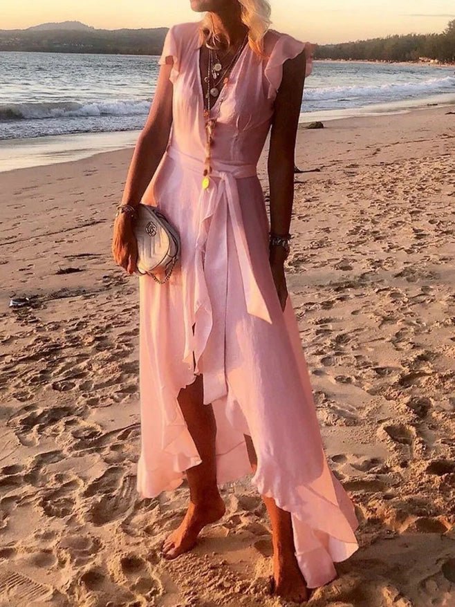 Women's Dresses V-Neck Ruffled Belted Irregular Dress - Maxi Dresses - Instastyled | Online Fashion Free Shipping Clothing, Dresses, Tops, Shoes - 25/02/2022 - 40-50 - color-orange