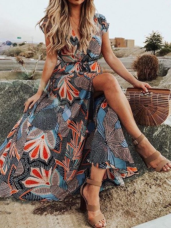 Women's Dresses V-Neck Short Sleeve Boho Print Slit Dress - Maxi Dresses - Instastyled | Online Fashion Free Shipping Clothing, Dresses, Tops, Shoes - 22/01/2022 - 40-50 - color-black
