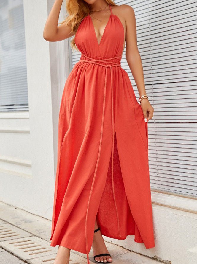 Women's Dresses V-Neck Sleeveless Slit Bare Back Dress - Maxi Dresses - Instastyled | Online Fashion Free Shipping Clothing, Dresses, Tops, Shoes - 25/02/2022 - 40-50 - color-beige