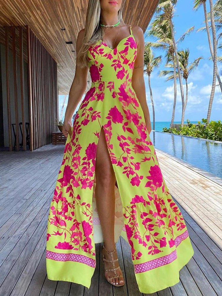 Women's Dresses V-Neck Suspender Print Slit Dress - Maxi Dresses - Instastyled | Online Fashion Free Shipping Clothing, Dresses, Tops, Shoes - 15/02/2022 - 40-50 - color-gold