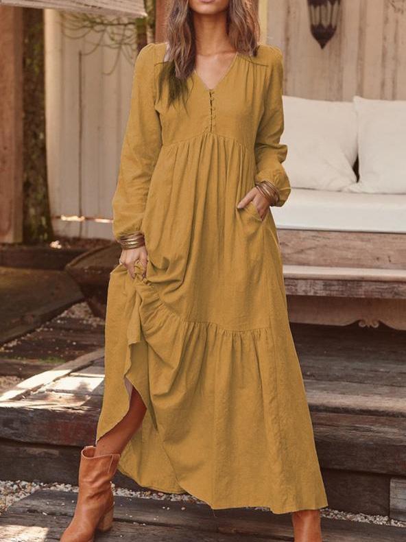 Women's Dresses V-Neck Vintage Buttoned Long Sleeve Dress - Maxi Dresses - INS | Online Fashion Free Shipping Clothing, Dresses, Tops, Shoes - 15/09/2021 - 30-40 - Category_Maxi Dresses