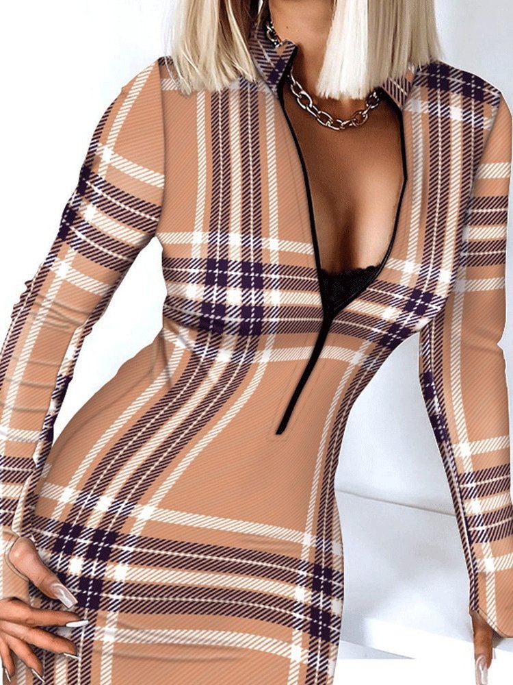 Women's Dresses V-Neck Zip Long Sleeve Bodycon Dresses - Mini Dresses - INS | Online Fashion Free Shipping Clothing, Dresses, Tops, Shoes - 09/11/2021 - 20-30 - color-black