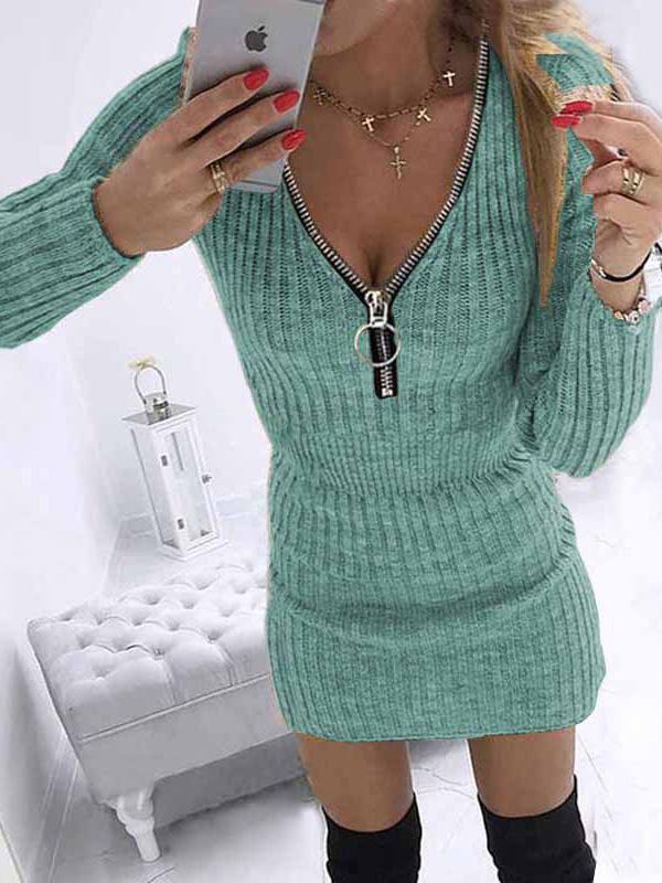 Women's Dresses V-Neck Zipper Long Sleeve Knitted Tight Dress - Mini Dresses - INS | Online Fashion Free Shipping Clothing, Dresses, Tops, Shoes - 20-30 - 23/09/2021 - Bodycon Dresses