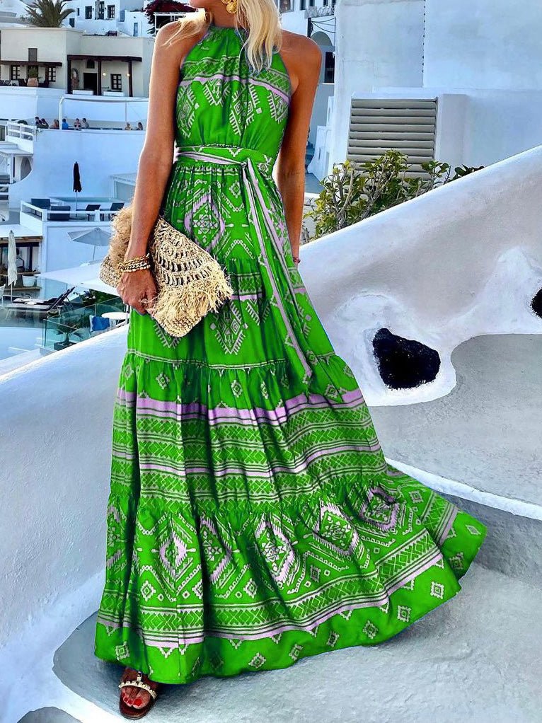 Women's Dresses Vintage Print Halter Belted Dress - Maxi Dresses - Instastyled | Online Fashion Free Shipping Clothing, Dresses, Tops, Shoes - 17/02/2022 - 40-50 - color-blue