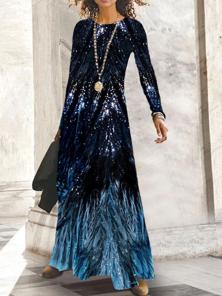 Women's Dresses Vintage Print Long Sleeve Maxi Dress - Maxi Dresses - INS | Online Fashion Free Shipping Clothing, Dresses, Tops, Shoes - 13/10/2021 - 20-30 - color-blue