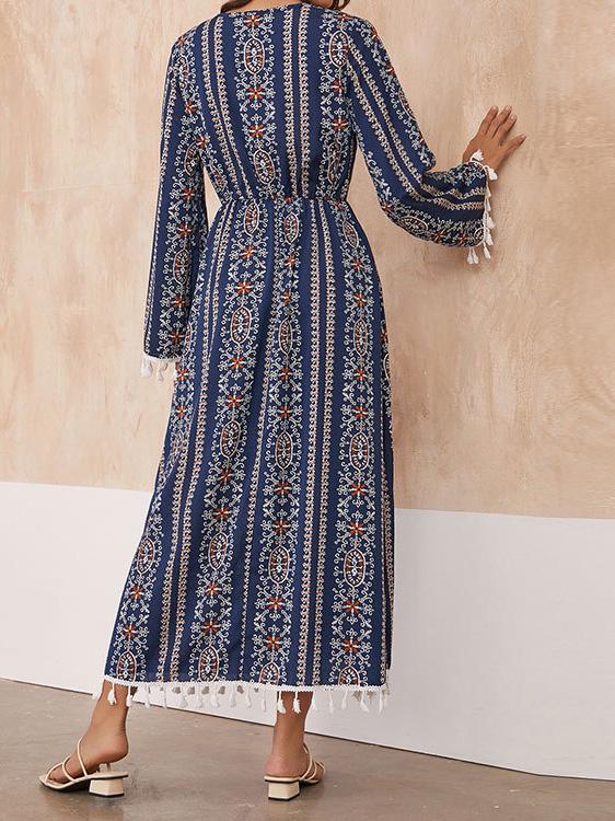 Women's Dresses Vintage Printed V-Neck Fringed Long Sleeve Dress - Maxi Dresses - Instastyled | Online Fashion Free Shipping Clothing, Dresses, Tops, Shoes - 13/12/2021 - 30-40 - color-blue