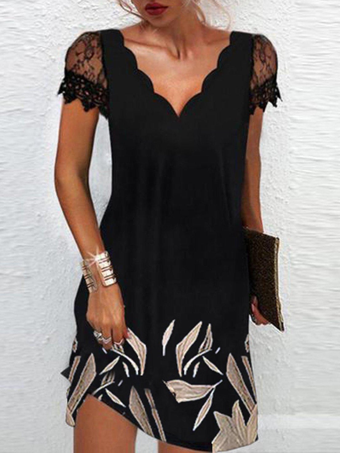 Women's Dresses Wavy V-Neck Printed Lace Short Sleeve Dress - Mini Dresses - Instastyled | Online Fashion Free Shipping Clothing, Dresses, Tops, Shoes - 14/01/2022 - 20-30 - color-black