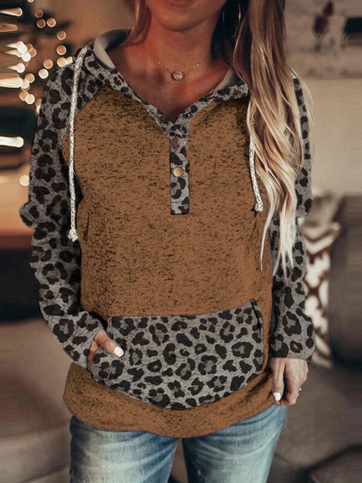 Women's Hoodies Leopard Button Pocket Drawstring Hoody - Hoodies - INS | Online Fashion Free Shipping Clothing, Dresses, Tops, Shoes - 1/11/2021 - 20-30 - color-black