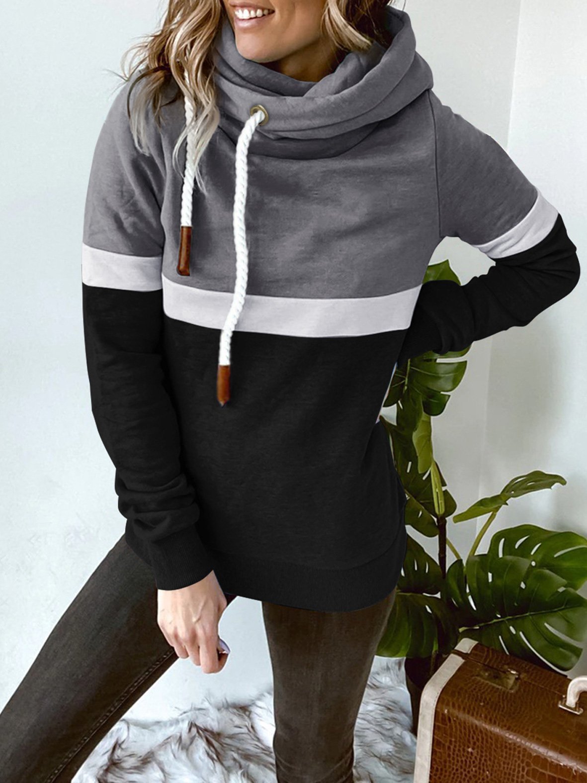 Women's Hoodies Solid Stitching Casual High Neck Hoodie - Hoodies - INS | Online Fashion Free Shipping Clothing, Dresses, Tops, Shoes - 180/09/2021 - 20-30 - Category_Hoodies