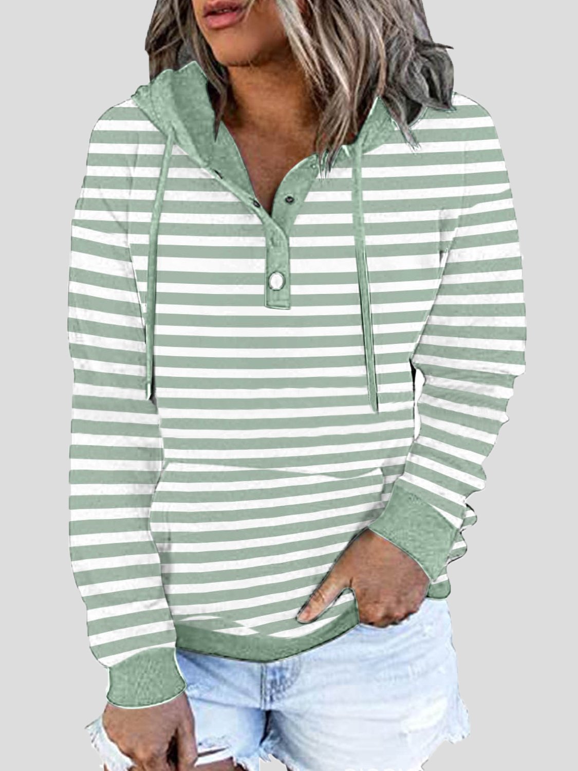 Women's Hoodies Striped Button Pocket Drawstring Hoodie - Hoodies - INS | Online Fashion Free Shipping Clothing, Dresses, Tops, Shoes - 15/11/2021 - Color_Black - Color_Blue