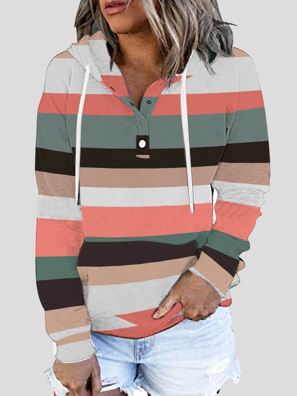 Women's Hoodies Striped Button Pocket Drawstring Hoodie - Hoodies - INS | Online Fashion Free Shipping Clothing, Dresses, Tops, Shoes - 15/11/2021 - Color_Black - Color_Blue