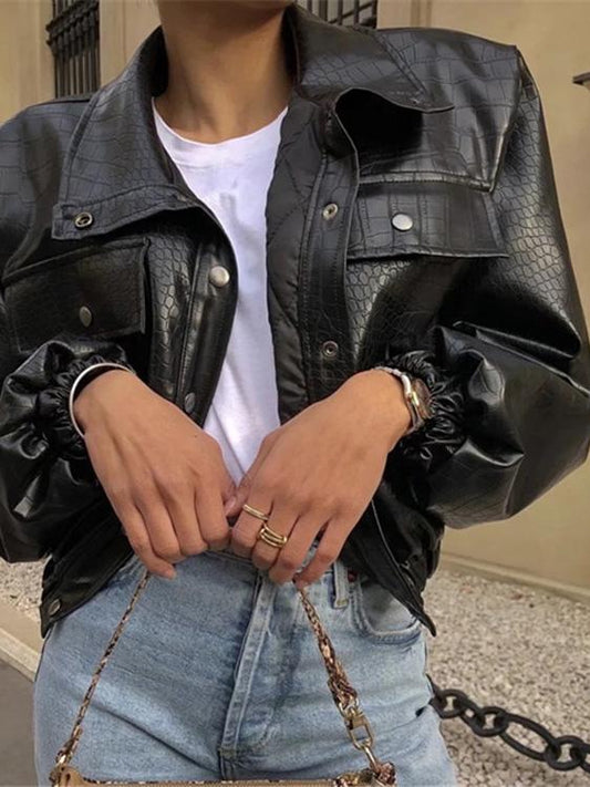 Women's Jackets Crocodile Pattern Button Pocket Short PU Leather Jacket - Coats & Jackets - INS | Online Fashion Free Shipping Clothing, Dresses, Tops, Shoes - 29/11/2021 - Coats & Jackets - color-black