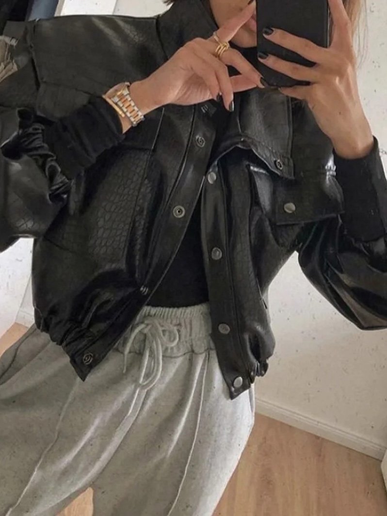 Women's Jackets Crocodile Pattern Button Pocket Short PU Leather Jacket - Coats & Jackets - INS | Online Fashion Free Shipping Clothing, Dresses, Tops, Shoes - 29/11/2021 - Coats & Jackets - color-black