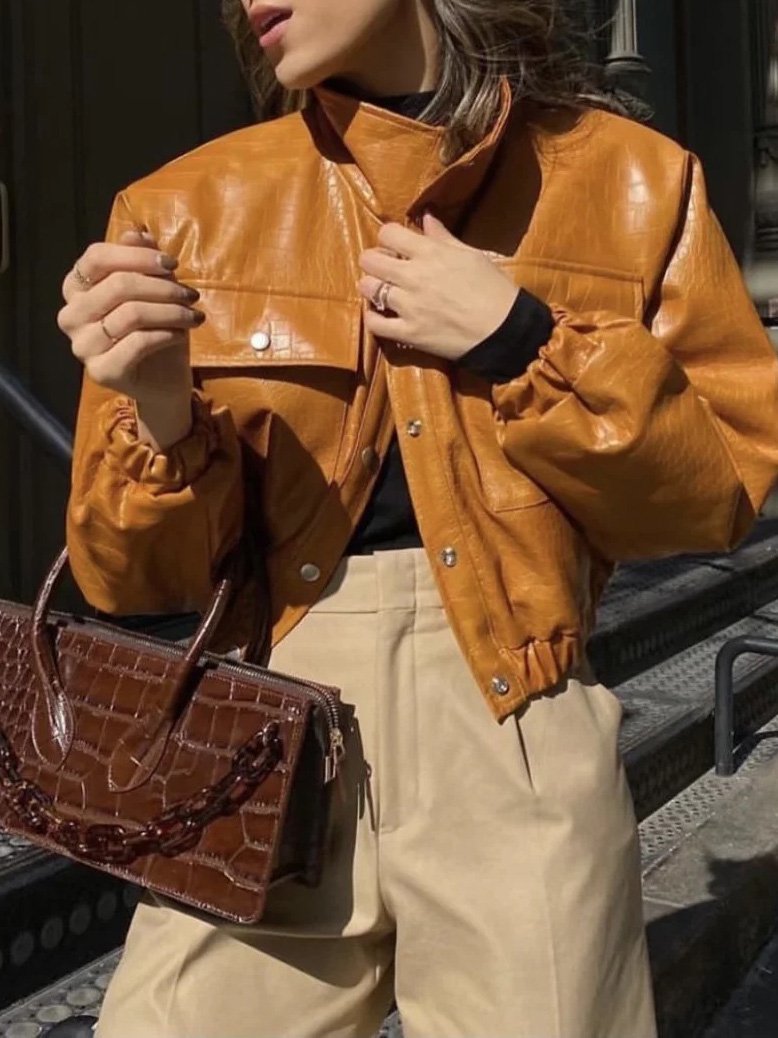 Women's Jackets Crocodile Pattern Button Pocket Short PU Leather Jacket - Coats & Jackets - INS | Online Fashion Free Shipping Clothing, Dresses, Tops, Shoes - 29/11/2021 - Coats & Jackets - color-black