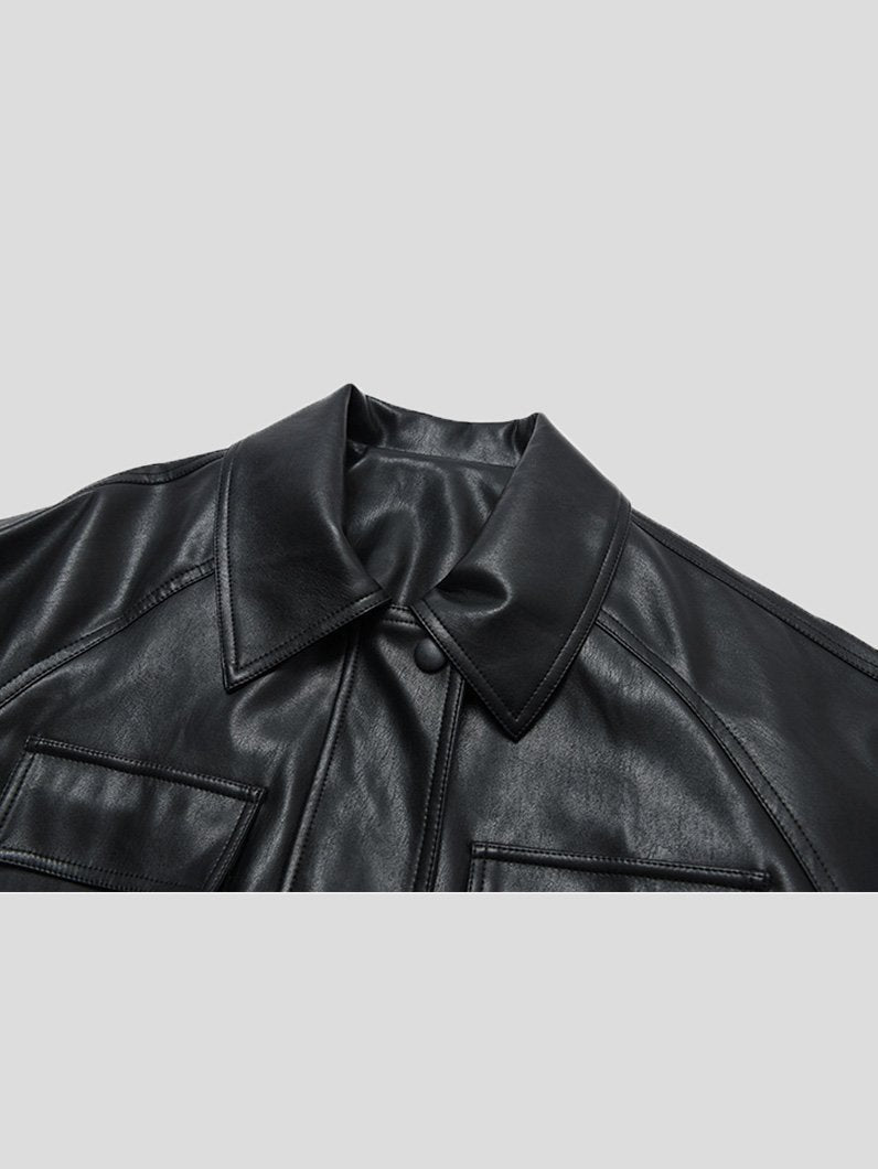 Women's Jackets Loose Retro Pocket Belt PU Leather Jacket - Coats & Jackets - INS | Online Fashion Free Shipping Clothing, Dresses, Tops, Shoes - 29/11/2021 - Coats & Jackets - color-black