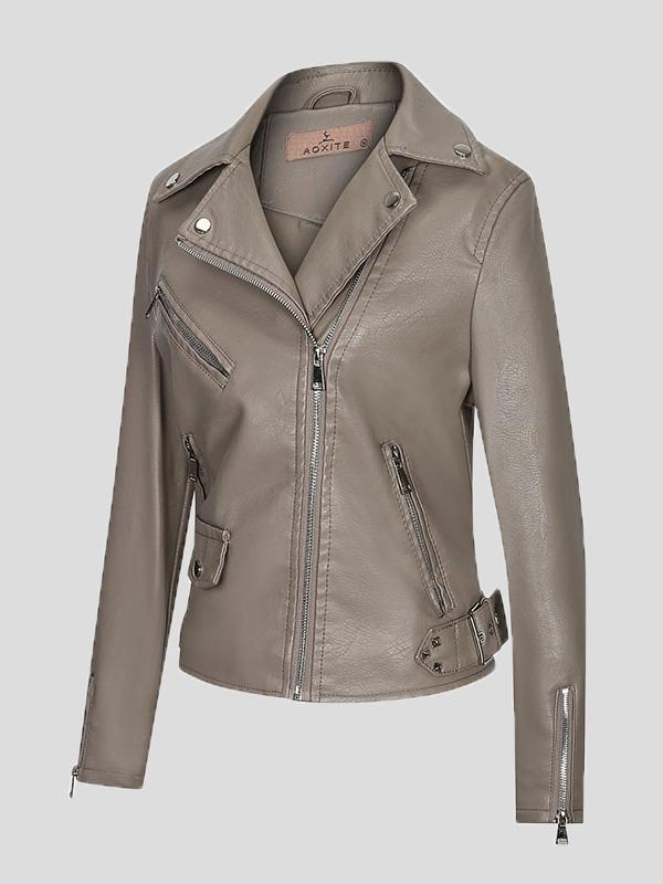 Women's Jackets Temperament PU Lapel Zip Slim Jacket - Coats & Jackets - INS | Online Fashion Free Shipping Clothing, Dresses, Tops, Shoes - 27/08/2021 - Coats & Jackets - color-gray