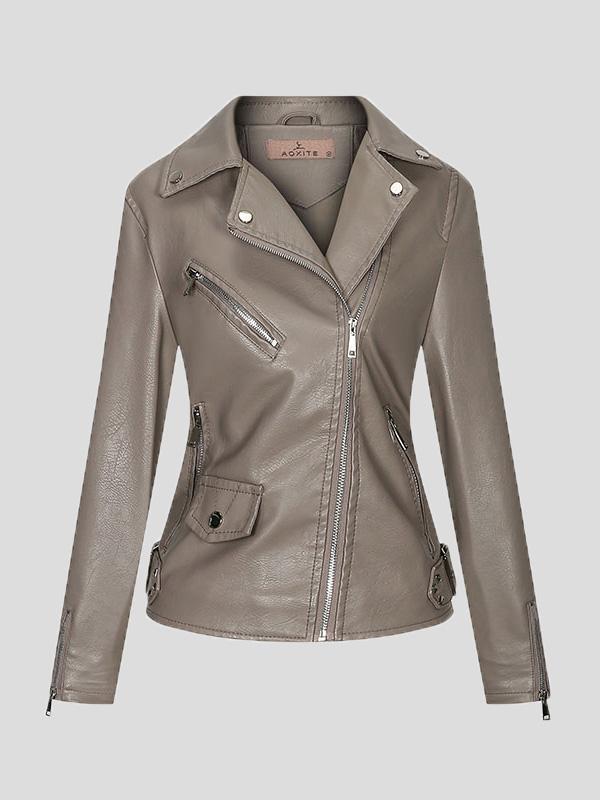 Women's Jackets Temperament PU Lapel Zip Slim Jacket - Coats & Jackets - INS | Online Fashion Free Shipping Clothing, Dresses, Tops, Shoes - 27/08/2021 - Coats & Jackets - color-gray