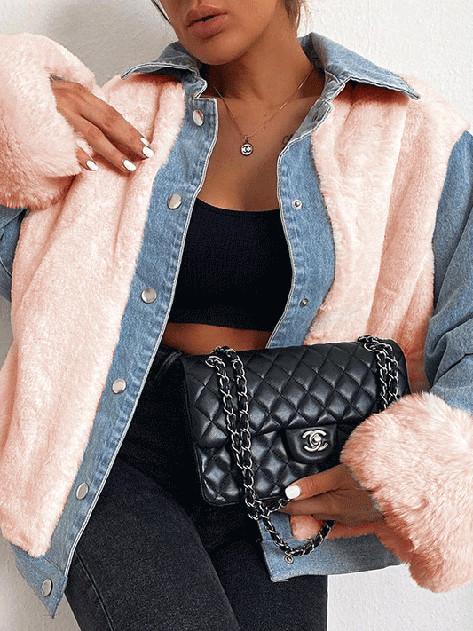 Women's Jackets Thick Plush Denim Stitching Thermal Jacket - Coats & Jackets - INS | Online Fashion Free Shipping Clothing, Dresses, Tops, Shoes - 29/09/2021 - 40-50 - Coats & Jackets