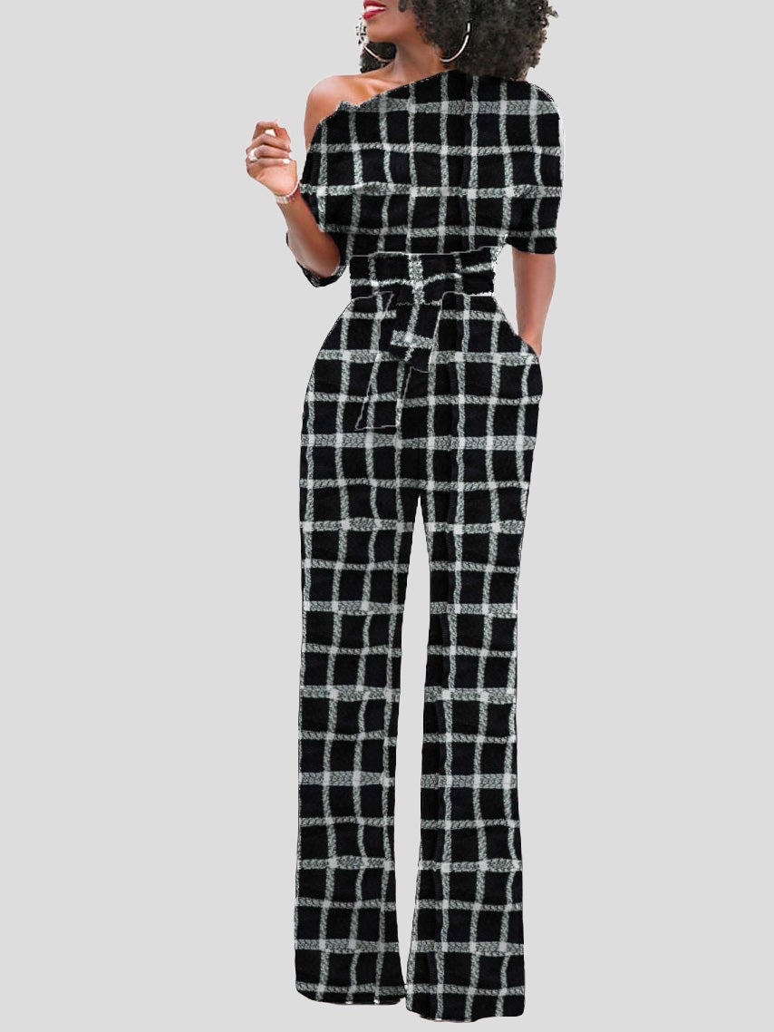 Women's Jumpsuits Check Print One Shoulder Belted Jumpsuit - Jumpsuits & Rompers - Instastyled | Online Fashion Free Shipping Clothing, Dresses, Tops, Shoes - 08/12/2021 - 30-40 - Bottoms