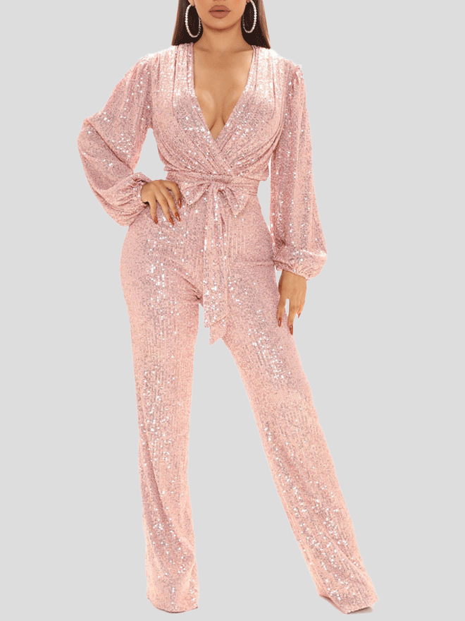 Women's Jumpsuits Deep V-Neck Sequined Long Sleeve Wide-Leg Jumpsuit - Jumpsuits & Rompers - Instastyled | Online Fashion Free Shipping Clothing, Dresses, Tops, Shoes - 21/12/2021 - Bottoms - color-black