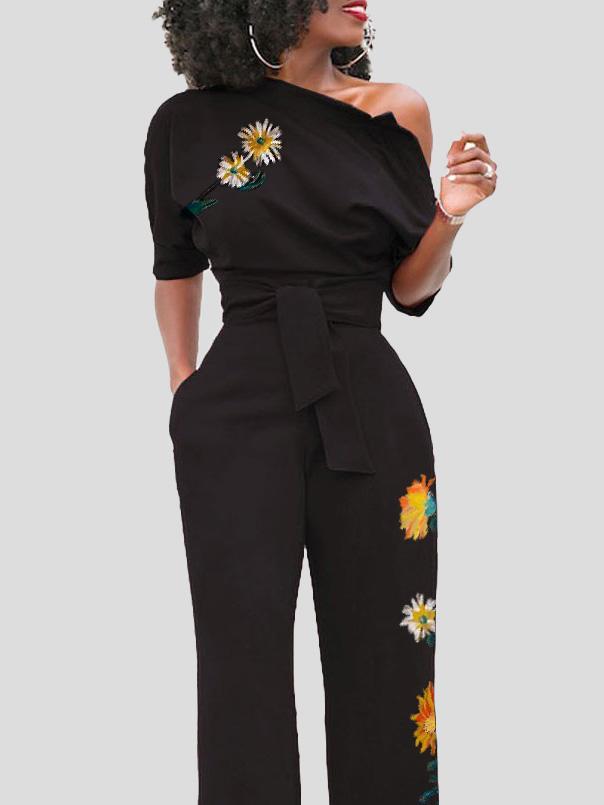 Women's Jumpsuits Flower Print One Shoulder Belted Jumpsuit - Jumpsuits & Rompers - Instastyled | Online Fashion Free Shipping Clothing, Dresses, Tops, Shoes - 08/12/2021 - 30-40 - Bottoms