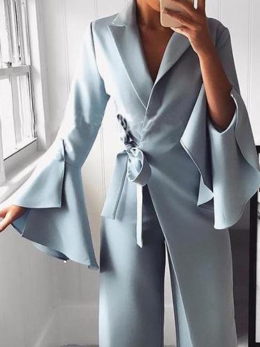 Women's Jumpsuits Lapel Flare Long Sleeve Belted Jumpsuit - Jumpsuits & Rompers - INS | Online Fashion Free Shipping Clothing, Dresses, Tops, Shoes - 04/09/2021 - Bottom - Category_Jumpsuits & Rompers