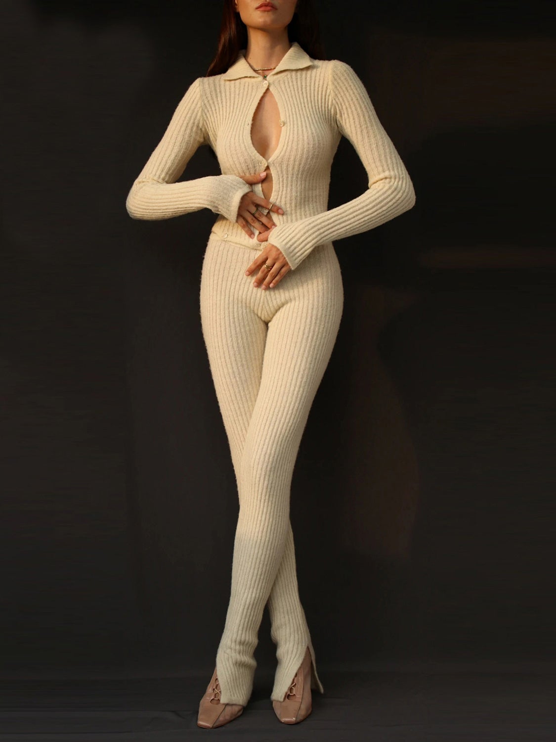 Women's Jumpsuits Long Sleeve Button Hollow Knit Jumpsuit - Jumpsuits & Rompers - Instastyled | Online Fashion Free Shipping Clothing, Dresses, Tops, Shoes - 12/01/2022 - Bottoms - color-black