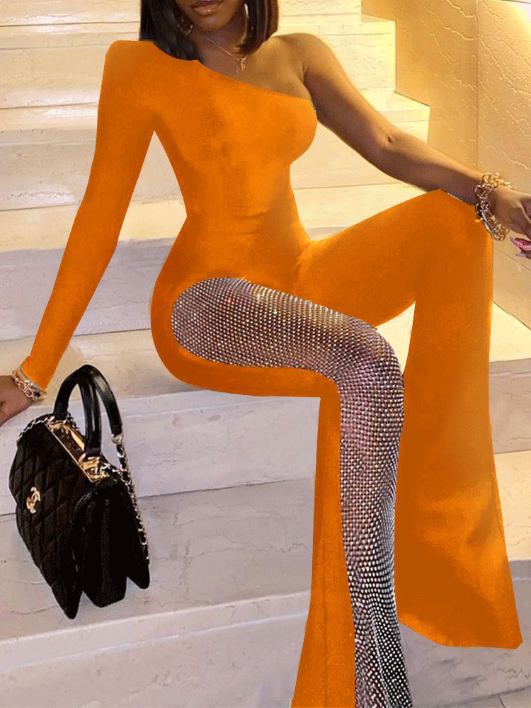 Women's Jumpsuits One-Shoulder Long Sleeve Sequin Stitching Jumpsuit - Jumpsuits & Rompers - INS | Online Fashion Free Shipping Clothing, Dresses, Tops, Shoes - 02/11/2021 - 30-40 - Bottoms