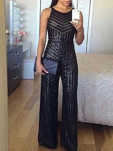 Women's Jumpsuits Sequined Sleeveless Wide-Leg Jumpsuit - Jumpsuits - Instastyled | Online Fashion Free Shipping Clothing, Dresses, Tops, Shoes - 19/01/2022 - Bottoms - color-black