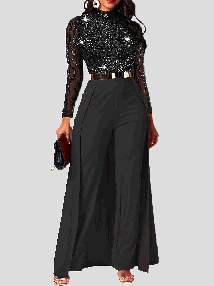 Women's Jumpsuits Sparkling Sequin Long Sleeve Irregular Jumpsuit - Jumpsuits & Rompers - Instastyled | Online Fashion Free Shipping Clothing, Dresses, Tops, Shoes - 10/01/2022 - Bottoms - color-black