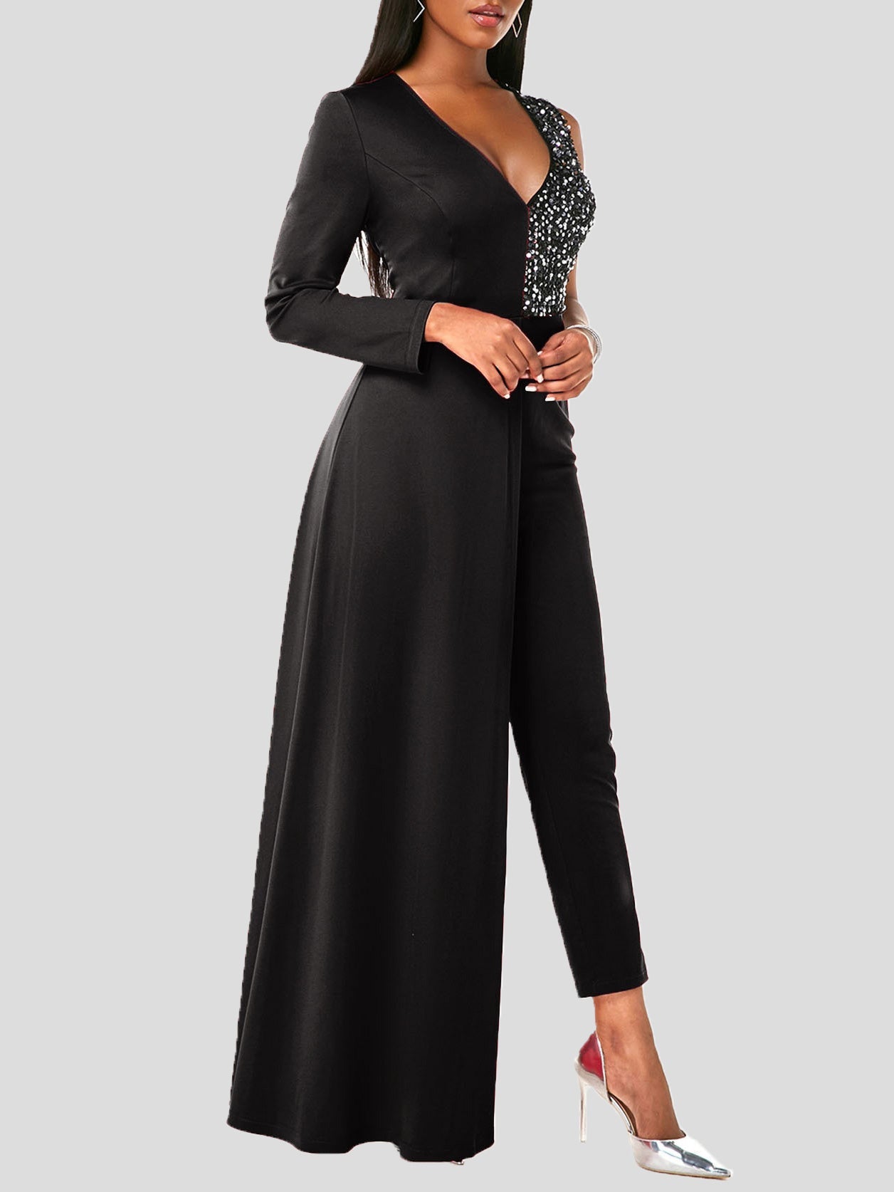 Women's Jumpsuits V-Neck One-Shoulder Sequin Stitching Slim-Fit Jumpsuit - Jumpsuits & Rompers - Instastyled | Online Fashion Free Shipping Clothing, Dresses, Tops, Shoes - 28/12/2021 - Bottoms - color-black