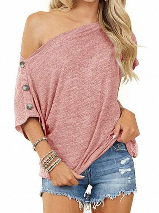 Women's Loose-fitting Off-shoulder Button Short-sleeved T-shirt - T-shirts - INS | Online Fashion Free Shipping Clothing, Dresses, Tops, Shoes - 12/05/2021 - 120521 - Color_Pink