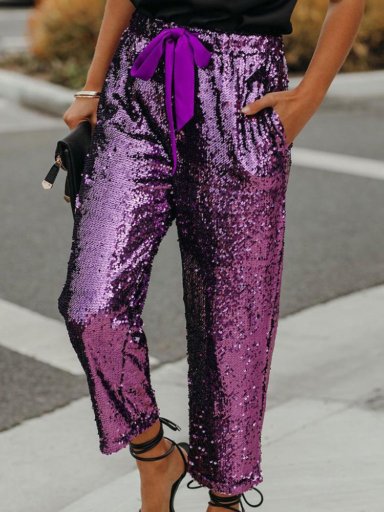 Women's Pants Sequin Belted Pocket Casual Pants - Pants - Instastyled | Online Fashion Free Shipping Clothing, Dresses, Tops, Shoes - 03/12/2021 - 40-50 - Bottoms