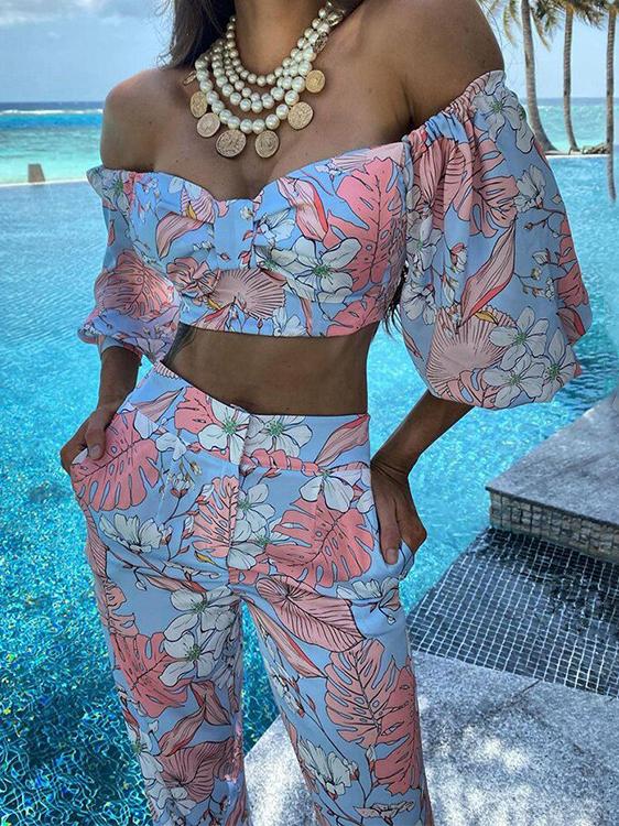 Women's Sets Boat Neck Crop Top & Printed Trousers Two-Piece Suit - Sets - INS | Online Fashion Free Shipping Clothing, Dresses, Tops, Shoes - 05/11/2021 - 30-40 - Bottoms