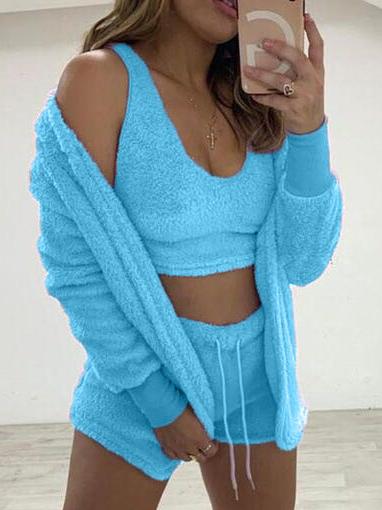 Women's Sets Plush Coat Vest Shorts Long Sleeve Three-Piece Suit - Sets - INS | Online Fashion Free Shipping Clothing, Dresses, Tops, Shoes - 12/11/2021 - 30-40 - Bottoms