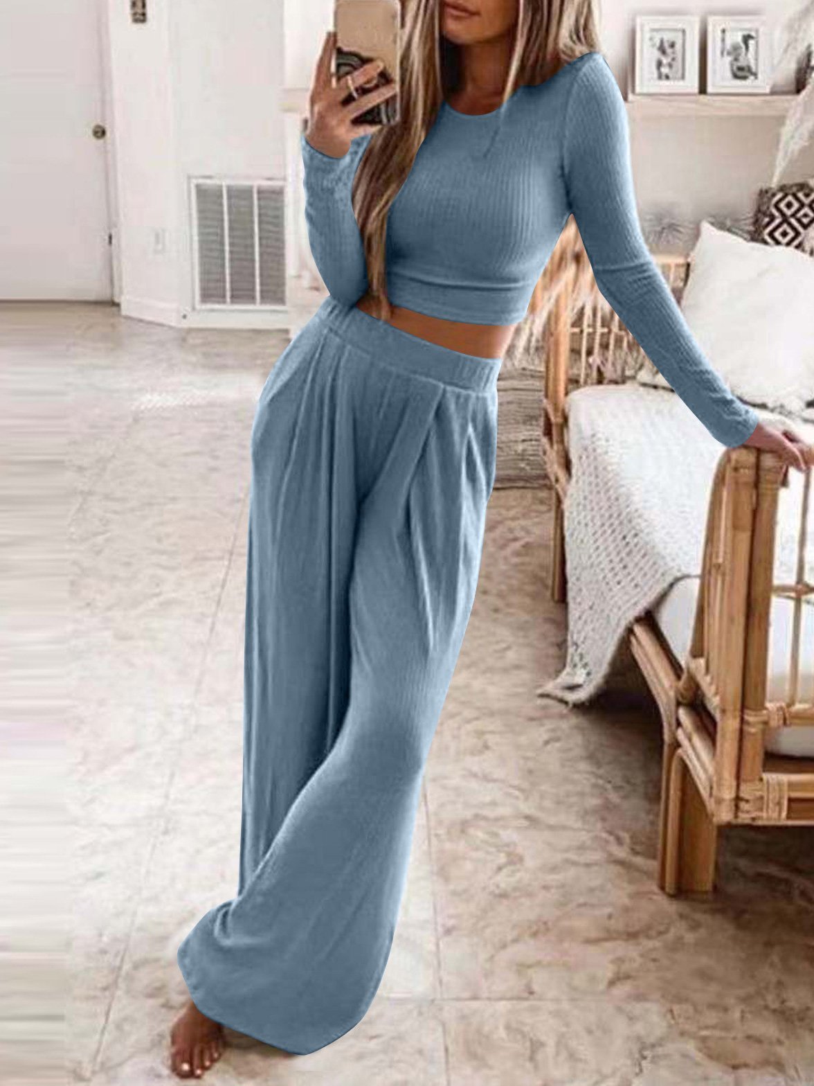 Women's Sets Solid Long Sleeve Crop Top & Trousers Two-Piece Suit - Sets - INS | Online Fashion Free Shipping Clothing, Dresses, Tops, Shoes - 23/09/2021 - 30-40 - Bottom