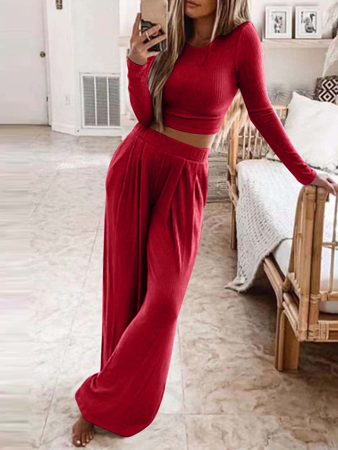 Women's Sets Solid Long Sleeve Crop Top & Trousers Two-Piece Suit - Sets - INS | Online Fashion Free Shipping Clothing, Dresses, Tops, Shoes - 23/09/2021 - 30-40 - Bottom