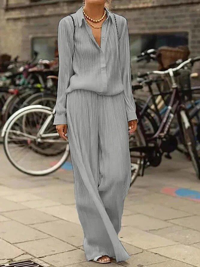 Women's Sets Solid Long Sleeve Shirt & Trousers Two-Piece Suit - Sets - INS | Online Fashion Free Shipping Clothing, Dresses, Tops, Shoes - 15/11/2021 - Bottoms - Color_Beige
