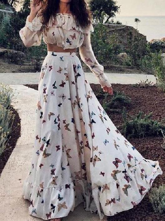 Women's Sets Two-Piece Butterfly Print Crop Top & Bohemian Skirt - Sets - INS | Online Fashion Free Shipping Clothing, Dresses, Tops, Shoes - 11/08/2021 - 40-50 - Bottom