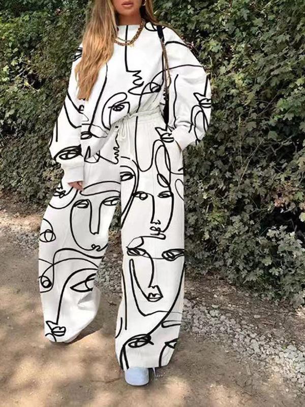 Women's Sets Two-Piece Casual Round Neck Loose Printed Elasticated Trousers - Sets - INS | Online Fashion Free Shipping Clothing, Dresses, Tops, Shoes - 11/08/2021 - Bottom - Category_Sets