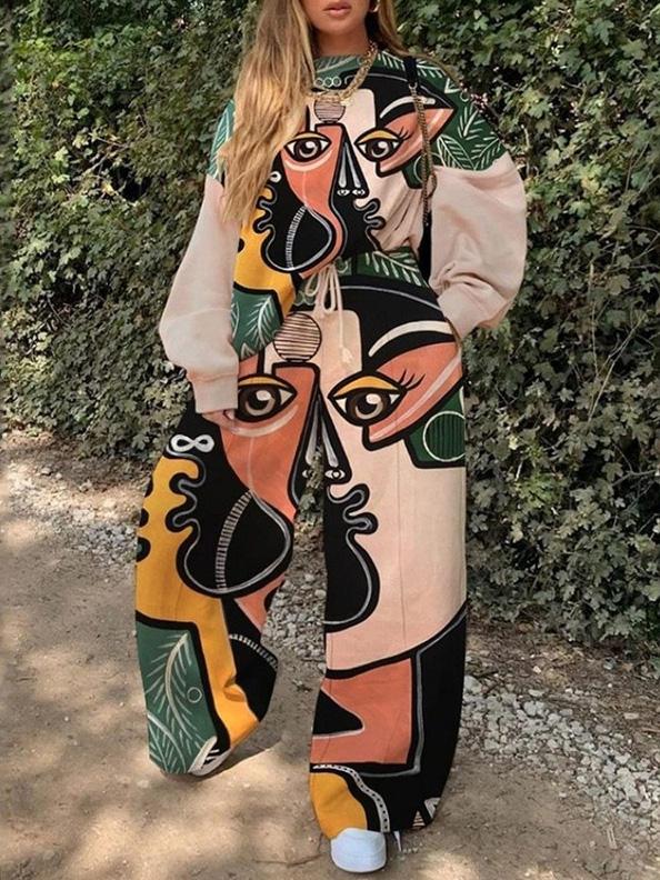 Women's Sets Two-Piece Casual Round Neck Loose Printed Elasticated Trousers - Sets - INS | Online Fashion Free Shipping Clothing, Dresses, Tops, Shoes - 11/08/2021 - Bottom - Category_Sets