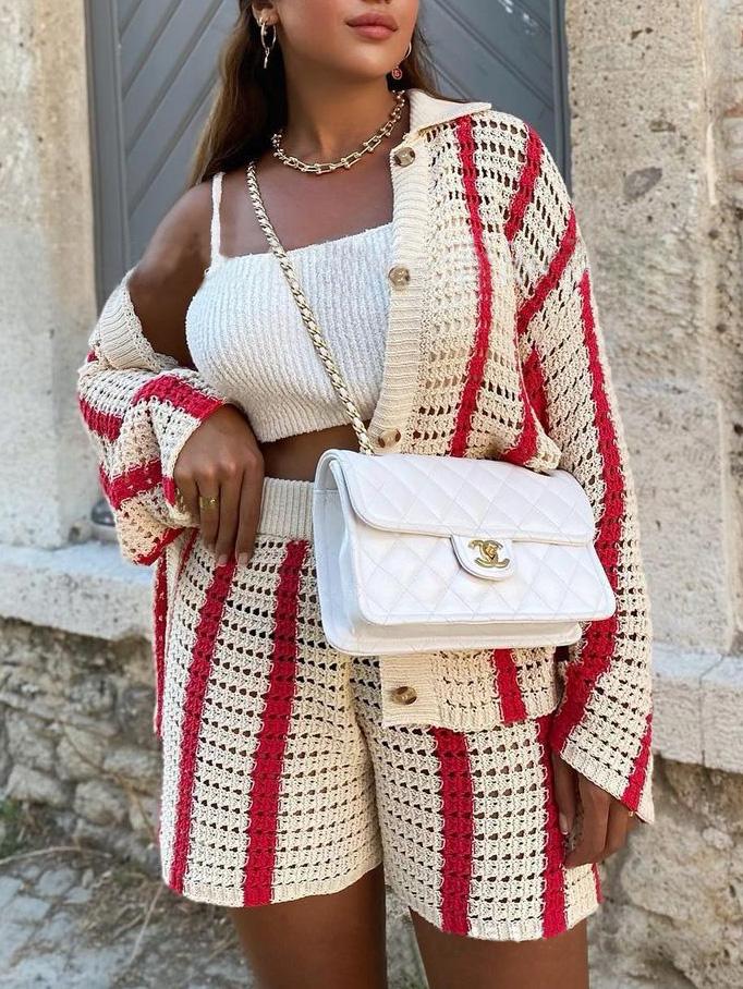 Women's Shorts Sweet Striped Hollow Knit Shorts - Shorts - INS | Online Fashion Free Shipping Clothing, Dresses, Tops, Shoes - 19/11/2021 - 20-30 - Bottoms