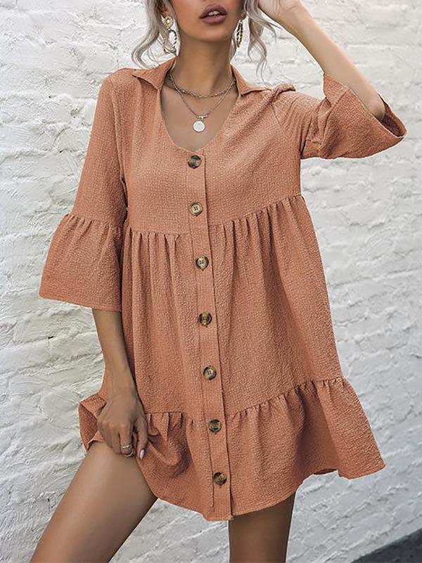 Women's Solid Color Pleated Breasted Dress - Midi Dresses - INS | Online Fashion Free Shipping Clothing, Dresses, Tops, Shoes - 22/03/2021 - AMZ - Autumn