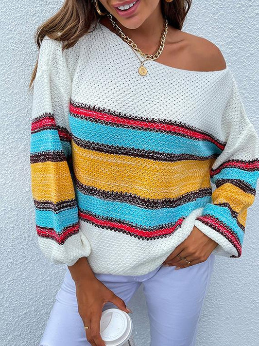 Women's Sweaters Contrasting Color-Neck Rainbow Striped Knitted Sweater - Sweaters - INS | Online Fashion Free Shipping Clothing, Dresses, Tops, Shoes - 11/08/2021 - 30-40 - color-coffee