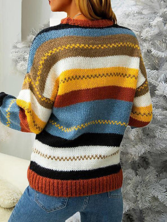 Women's Sweaters Multicolor Striped Round Neck Long Sleeve Sweater - Cardigans & Sweaters - INS | Online Fashion Free Shipping Clothing, Dresses, Tops, Shoes - 04/11/2021 - 20-30 - Cardigans & Sweaters