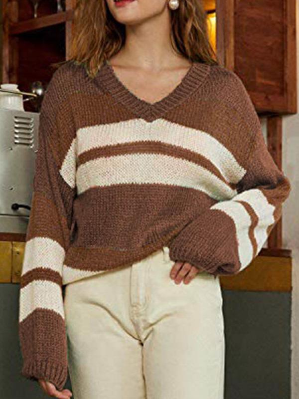 Women's Sweaters V-Neck Color-Block Long Sleeve Knitted Sweater - Cardigans & Sweaters - INS | Online Fashion Free Shipping Clothing, Dresses, Tops, Shoes - 24/08/2021 - 30-40 - Cardigans & Sweaters
